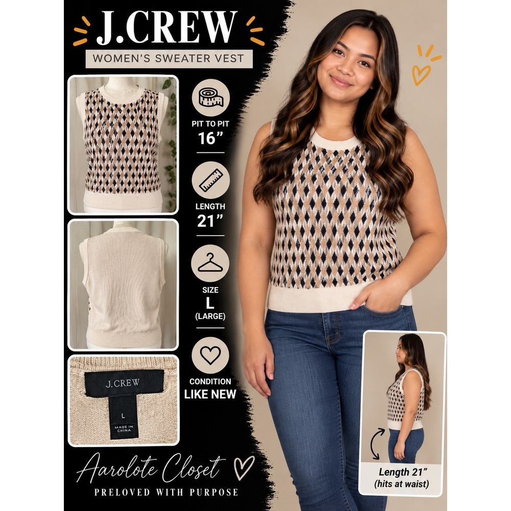 J.Crew Womens 100% Merino Wool Diamond Argyle Sleeveless Sweater Shell Cream L